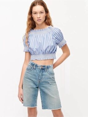 J. Crew | Light Blue & White Striped Smocked Crop Top